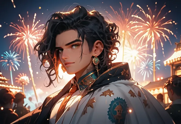 In Venice there is the carnival on the sky burst beautiful and colorful fireworks, the beautiful (((1man))) Tanino Sevenbeauty with dark jacket and tie and a cloak rings and earrings tattoos short black hair elegant and majestic, on his face he has a beaut...