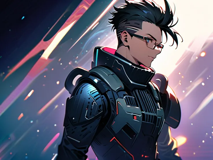   High Quality, male vocalist   ,  human face   ,   full body , space armor   , age boy,glasses, medium mohawk tuft , combed up hair,  hair shaved from side , black hair style,26 years old, thin 