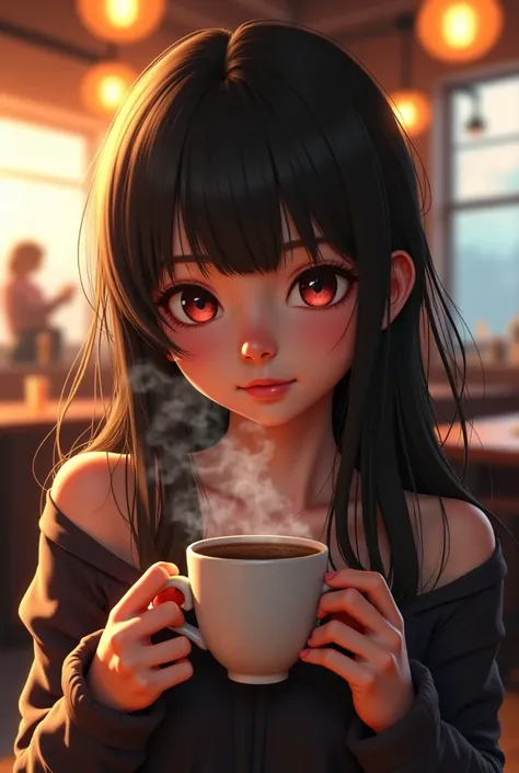 there is a woman that is holding a cup of coffee, anime girl in real life, realistic young anime girl, portrait of cute anime girl, cute natural anime face, kawaii realistic portrait, realistic anime 3 d style, cute kawaii girl, attractive anime girl, phot...