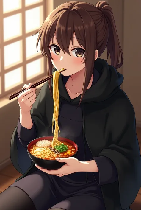 An anime male that looks 19. He has light skin, long brown hair tied in a ponytail, and black pupils. He wears a dark black tunic and legings, and a black cloak with the hood down He is eating a bowl of ramen, noodles hanging from his mouth. He looks at th...