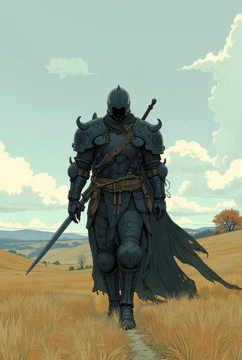     give me an image of a medieval soldier ,    He is wearing black armor   ,  I'm walking ,  He has a long sword on his shoulder  、In the fields ,   he's walking at a high level 