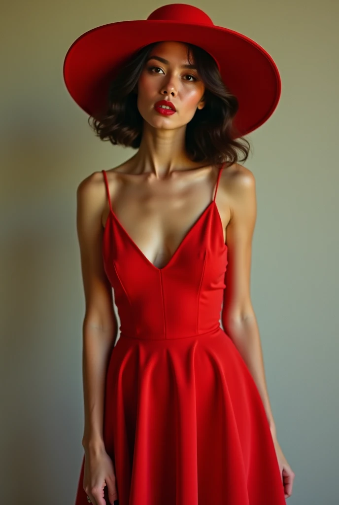 arafed woman in a red dress and hat posing for a picture, a picture by Samuel Birmann, tumblr, tachisme, red short dress, short minidress, wearing red dress, wearing a red sundress, wearing a red dress, sexy red dress, short dress, sexy dress, in a red dre...