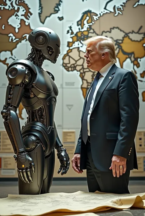 Elon Musk and Trump as ai robots trying to take over the world, maps plans screaming 