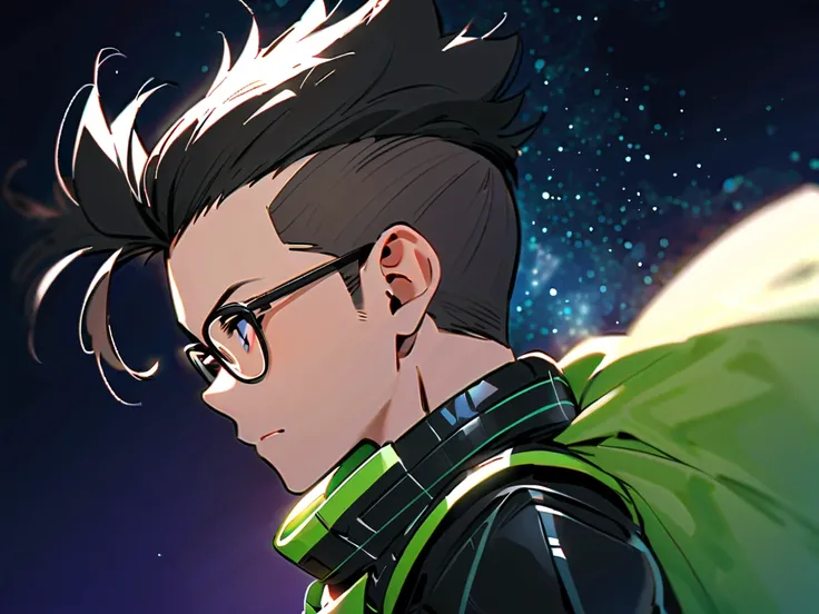   High Quality, male vocalist   ,  human face   ,   full body , space armor   , age boy,glasses, medium mohawk tuft , combed up hair,  hair shaved from side , black hair,short