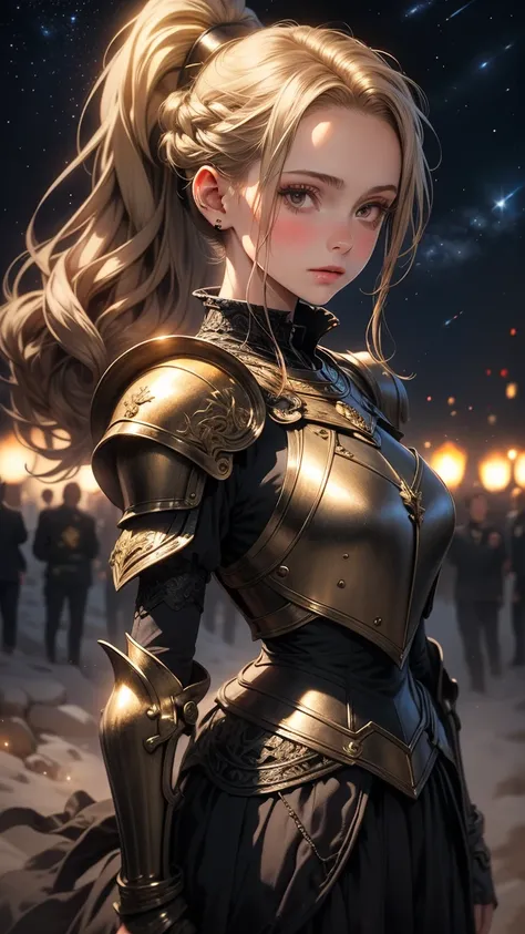 (( masterpiece,  rolled up , highest quality, image,\n  intricate details)),1 girl,l groan,  armor ,golden hair, ponytail look,
night,starry sky, depth of field, outside,