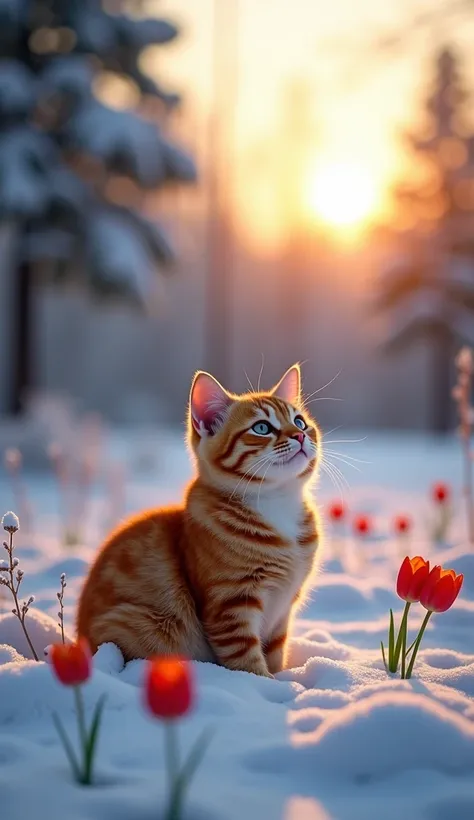 Snowy meadow , there's only snow all around, beautiful winter spruce forest, a Scottish cat sits in the center, shutterstock, lop-eared ( photo of a Scottish cat )  lop-eared redhead she's bigger than the other, another Russian cat, shutterstock, (photo of...