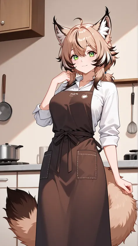 Waifu lynx, HD model, with a plain apron, with home clothes ,with a fluffy tail , 