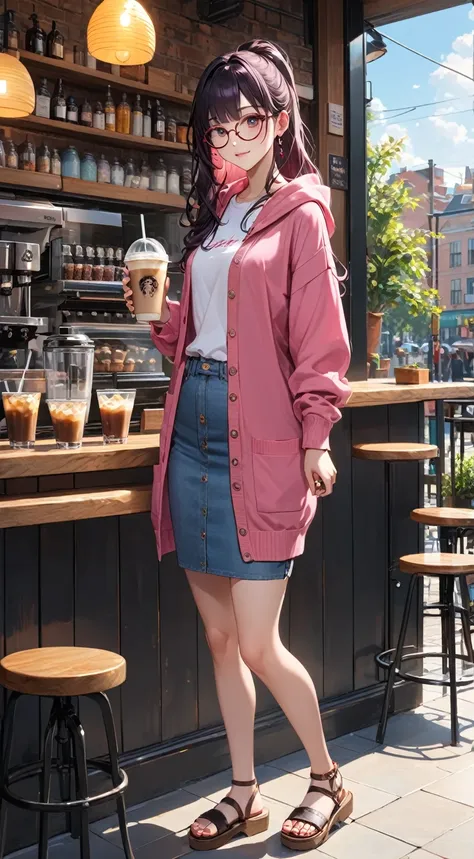 ctrl-net, teenage woman, standing,  holding a cup of iced coffee, at cafe, BREAK, {forehead, pompadour bang, long hair, half updo, black hair, eyeglasses}, BREAK, (dark-pink long sleeves hoodie cardigan), (white round neck undershirt), light denim pencil m...