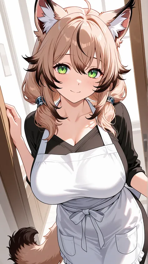 Waifu lynx, HD model, with a plain apron, with home clothes ,with a fluffy tail ,  housewife