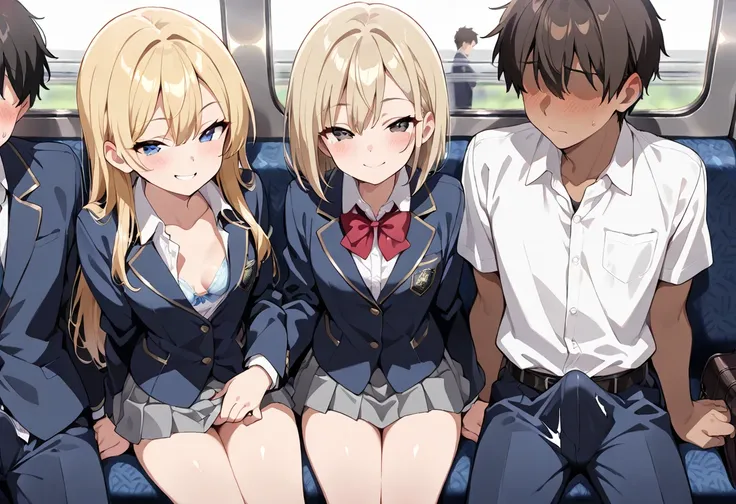 ((masterpiece, best quality, ultra detailed, high resolution, beautiful detailed face, beautiful detailed eyes, perfect hands)), (1 boy, 2 girls, gal, group shot), (brown skin:1.3), (small breasts), (blonde hair), (light makeup), (school uniform, blazer, m...