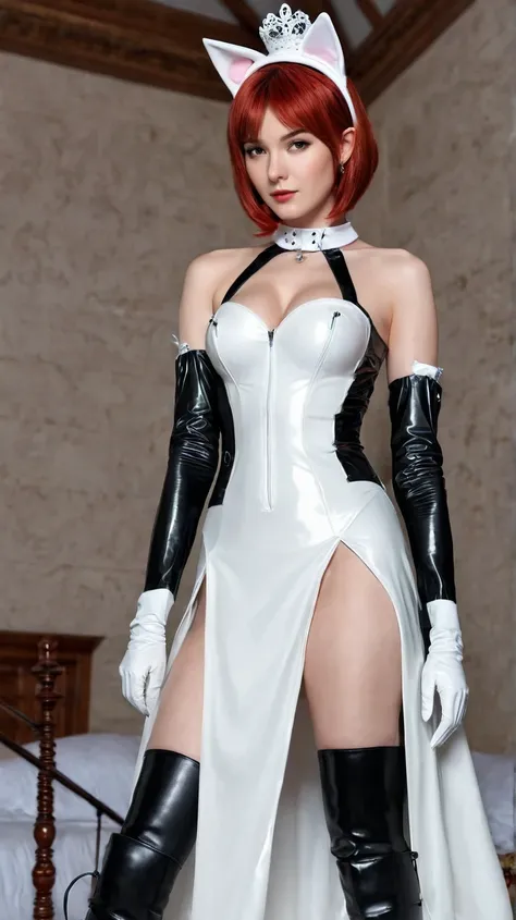   young girl ,  slim ,  red hair top, straight short hair,  small breasts, Breasts free to see,, Cat ears,  masterpiece ,  Anatomically correct , UHD,  super detailed, further away, Wedding dress,  latex black knee boots ,  latex black arm warmers long , h...