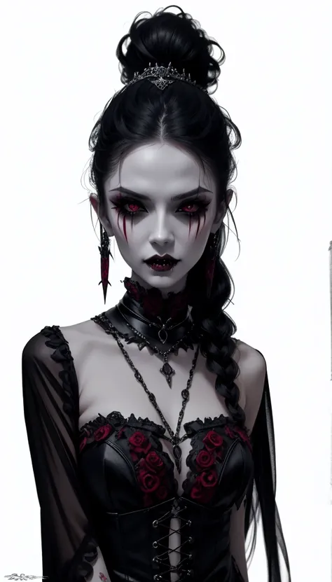 Mujer vampire,  vampire ,  Gothic horror vibrations ,  beautiful Female Vampire queen , Guweiz style art,   dark fantasy mixed with realism  , elegant gothic clothing, goth make up, showing her fangs, White long hair [Artedigital 4K]!. Background: Goth cas...