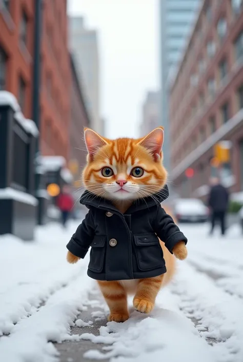 "A small, cute brown cat, wearing a new black winter coat, walking confidently on the snow-covered sidewalks of New York City, looking at its clothes and heading forward."