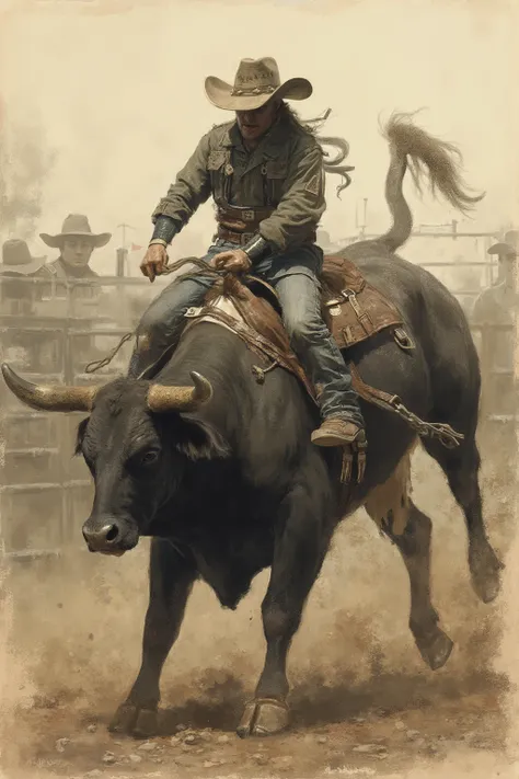 create a charcoal drawing of a bull rider in a rodeo, riding a bucking bull, rear legs up in the air during the buck, in sepia, blurred background of a rodeo arena