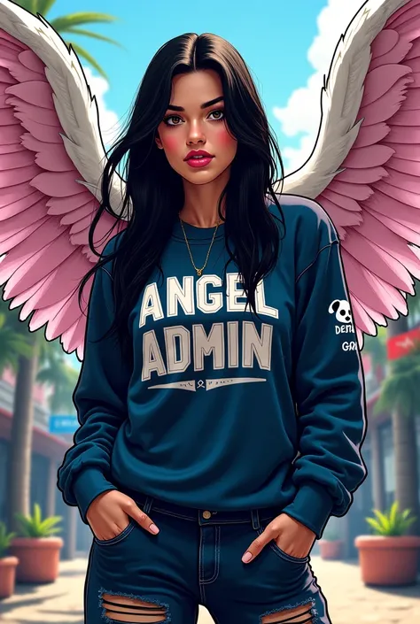 GTA style: Latin girl with angel wings ,  long black hair, Angel admin written sweatshirt, In a panda setting