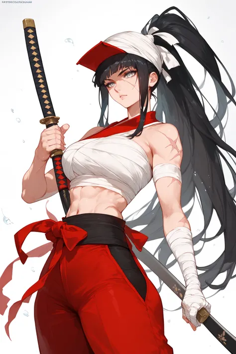 Woman, black hair, long hair, Ponytail,bandage top, scar on the belly, bandages on the arm, red samurai pants, Katana, anime style, samurai hat,Silver eyes,hair strand