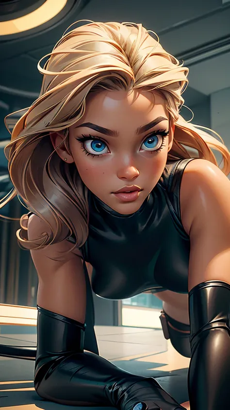 Masterpiece, wide lens, raw, beautiful art, professional artist, 8k, very detailed face, very detailed hair, 1girl, Hispanic busty Kim Possible with blonde hair, wiked sultry smile, eye-contact, wearing black spy catsuit and spy gadget belt, no labels, no ...