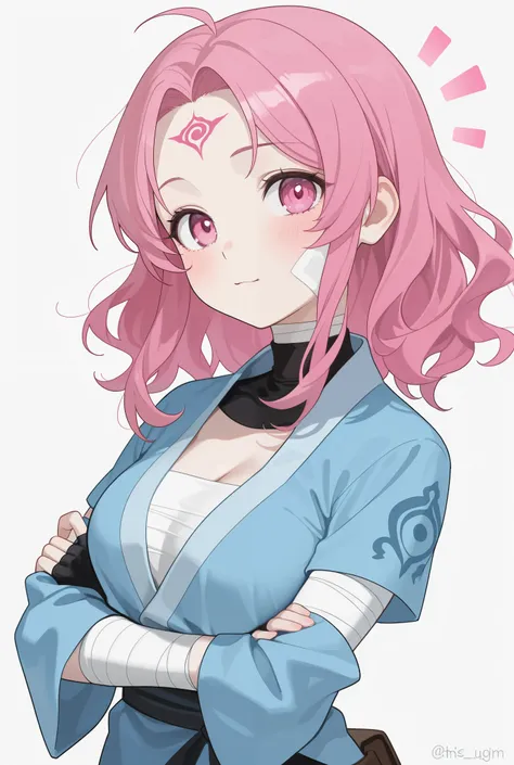 16-year-old Kunoichi with 1 .53 m ,  with pale skin and rosy cheeks . Her waist-length pink and wavy hair,  with loose locks framing her face , curvaceous body and big bust.  Her bright pink eyes reflect an unwavering calm .  He wears a light and flexible ...