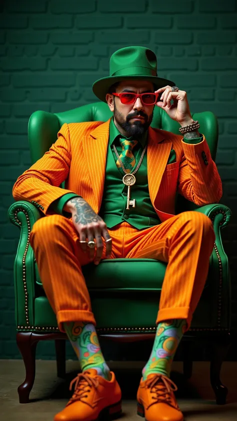 A stylish, confident man sitting on a luxurious green armchair, dressed in an eccentric yet elegant orange pinstripe suit with a green vest and tie. His hat is green, and he wears striking orange-green sunglasses. He has a well-groomed mustache and beard, ...