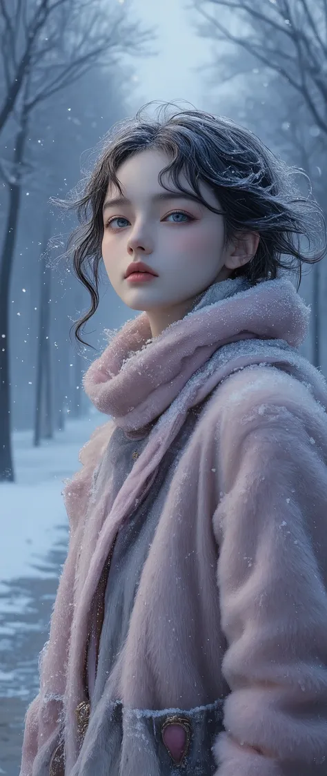 1 girl, European, blue eyes, dark hair winter ( close-up of the upper body ). Beautiful pale face, Gentle Smile, cold blush , girl looks up to the sky girl walks down a long alley with trees. The girl's body is shot from the side ( head turned tow...