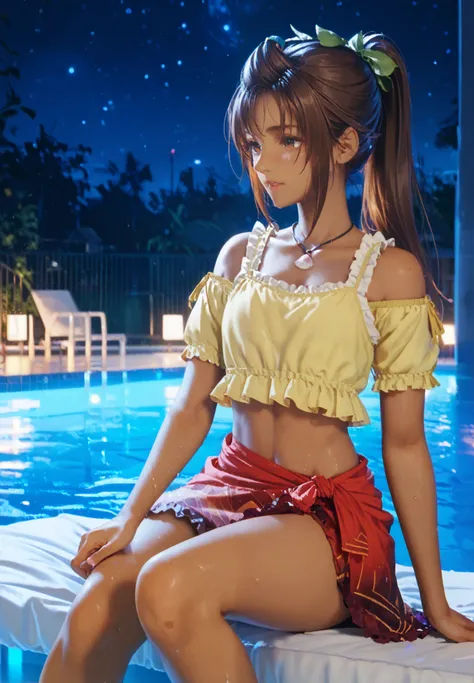 score_9, score_8_up, score_7_up, 1girl, Priscilla, brown hair, ponytail, dark-skinned female, sitting on a sunbed, yellow crop top, red sarong, sexy pose, lustful, BREAK, night time, poolside, cinematic lighting,