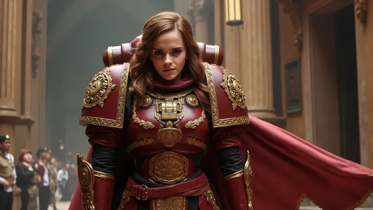 Emma Watson reimagened as a a massive Space Marine from Warhammer 40000 standing at training yard､1 female､ full figure, full body,

Her expression is resolute, her presence commanding—a tactical mind forged into an unstoppable force of war.

She wears pow...