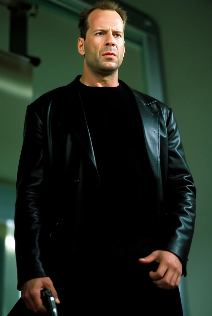 Bruce Willis, gentleman , black suit, movie, action, actor, muscle body, Hollywood actor, cool, muscle man, sexy man, actor, the matrix , film, gun, wallpaper, the matrix, neo's clothes, the matrix clothes, action movie, gun in his hand, kill, leather coat...