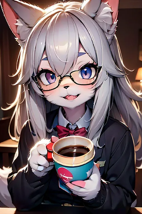  alone,  female 1 young wolf  \(Silverウルフ,Fluffy, cute, cute,,smile,    open your mouth  , keen teeth, floating hair , hair color glasses  ，Silver, long hair,  Eye color cosmic   , big eyes, JC uniform  ,  drinking coffee  \(  coffee cup \)\),background\(o...