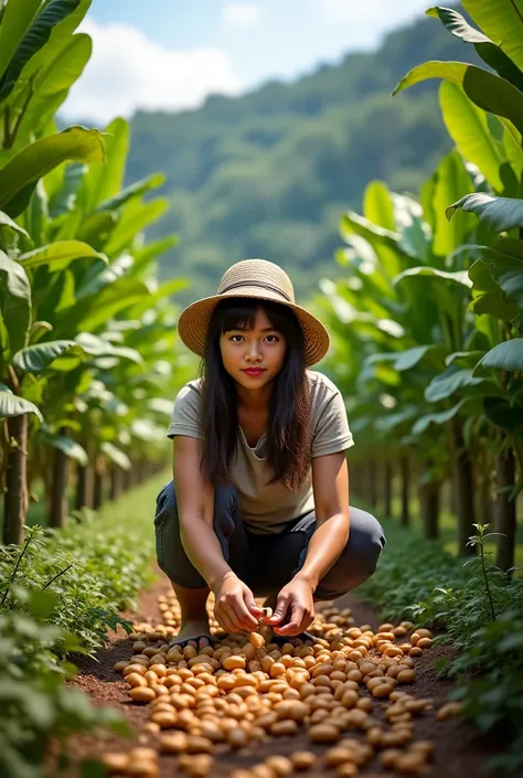 Create a photo of a working girl in the middle of a cashew forest