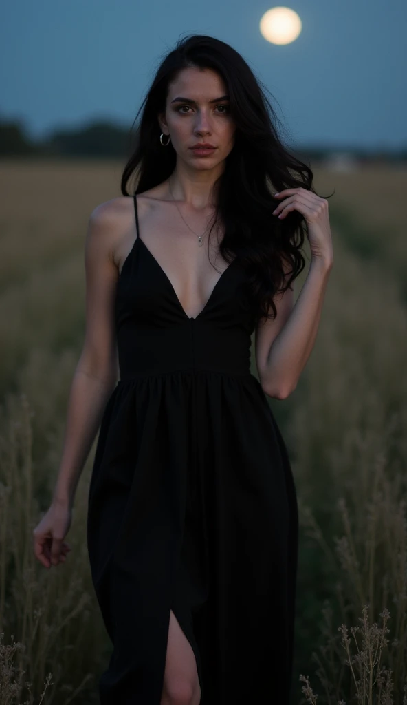 pretty alt woman in a black sundress walking through a field with moonlight illuminating the background. She is facing the camera, looking at the camera, very attractive face, dark makeup, playing with her wavy black hair