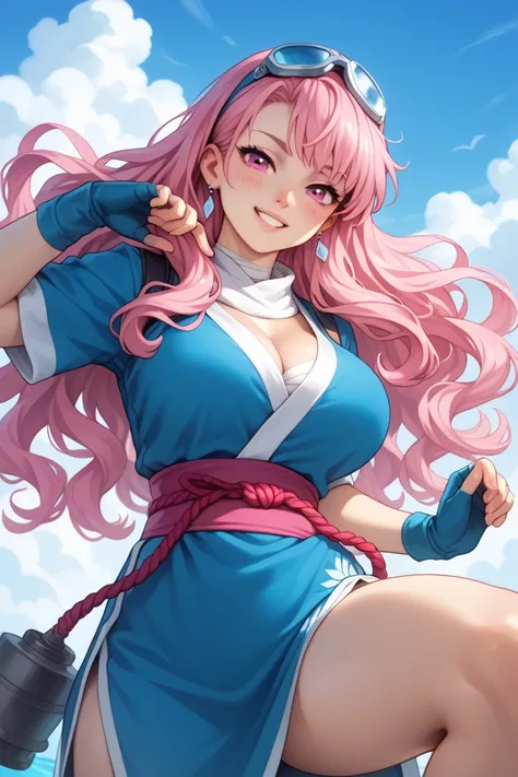 16-year-old Kunoichi with 1 .53 m ,  with pale skin and rosy cheeks .  Her long pink and wavy hair,  with loose locks framing her face , curvaceous body and big breasts .  Her bright pink eyes reflect an unwavering calm .  He wears a light and flexible out...