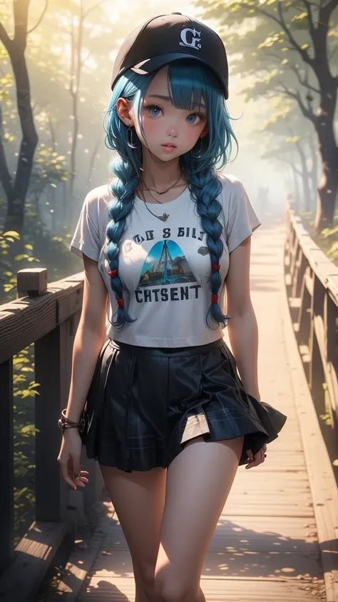  Blue Hair、 blue eyes、Braids、 a good-looking girl 、Alone、and souls、checkered mini skirt 、 black t-shirt、camisole、The forest、sunlight、 Wearing a checkered baseball cap 、With bare legs、Tilt your face 、walking、 crossing a wooden bridge while keeping your bala...