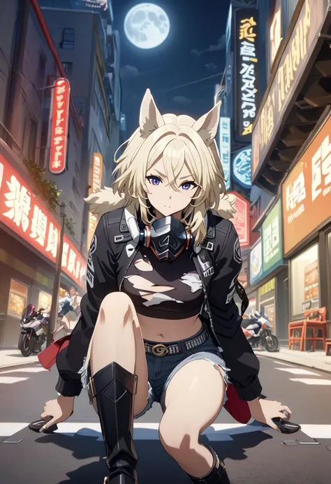 score_9, score_8_up, score_7_up, score_6_up, score_5_up, score_4_up, BREAK source_anime, 1girl, solo, outdoors, street, standig, cowboy shot, looking at viewer, shadowzeta, zeta, animal ears, purple eyes, blonde hair,, motocycle helmet, black jacket, long ...