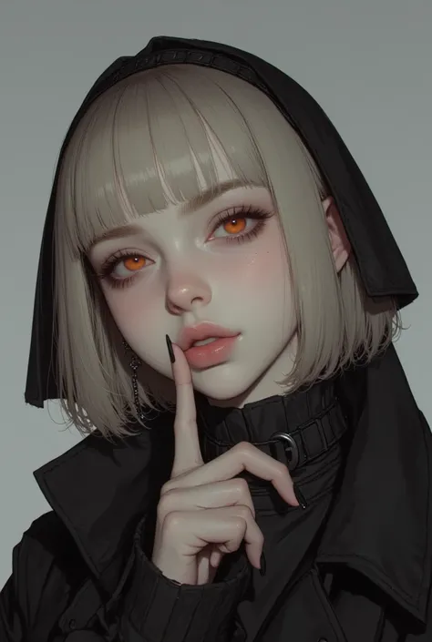  short-haired blond girl , with bangs, long tips in the front , orange eyes,  pale skin, droopy eyes, head held high, dark circles, outlined, simple makeup, plump lips, Pointy nose,  wearing black clothes ,  index finger placed against her lips. 8k full hd...