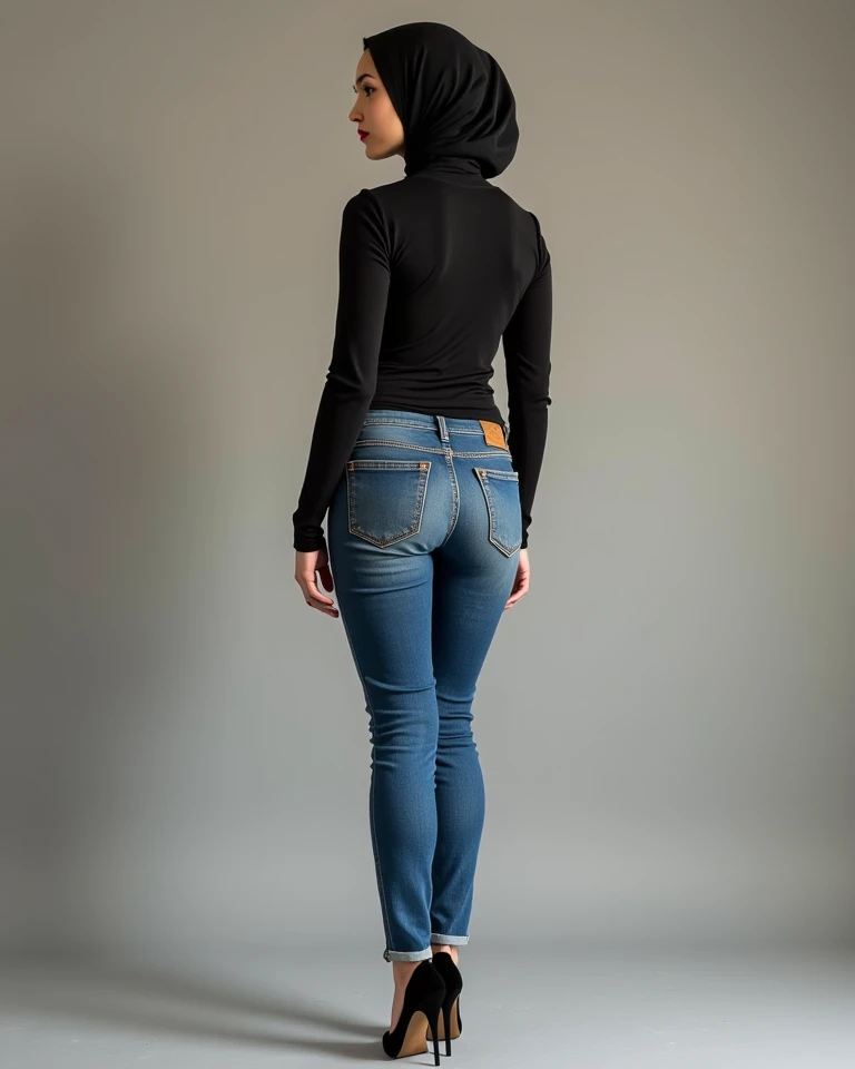 
Woman wearing high-heeled hijab, Waist chain,  schmale Size, sehr skinny jeans, look back, the image,  big ass , athletic legs, sexy blicke, hoe face, 43 years old, with wrinkles on her face ,, looking back, full body picture 