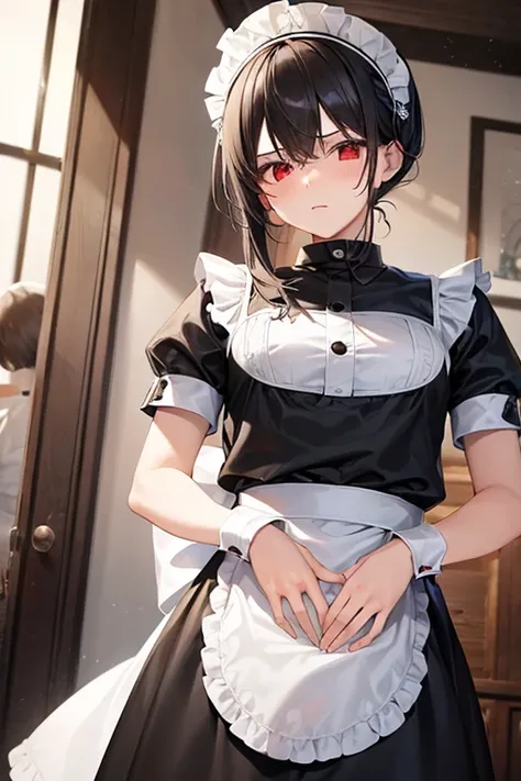 A 18 year old girl, long black hair, maid outfit, scared, standing, red