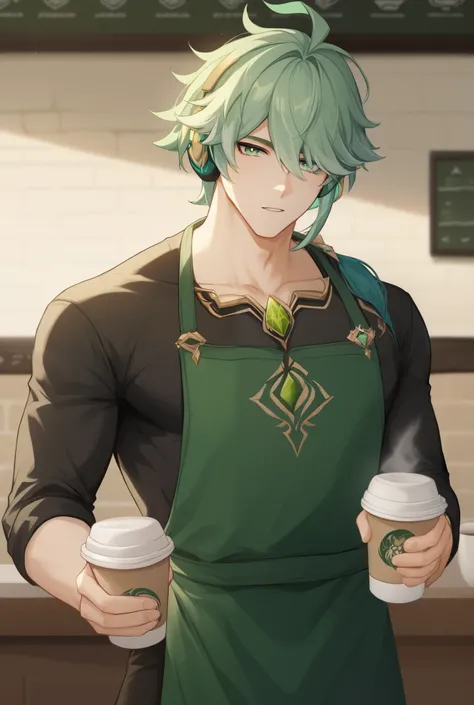  Masterpiece ,  better quality, 
Alhaitam ,  1 boy ,  male focus, One, green eyes, седые  hair,  hair,  combed back , короткие  hair, ahoge, swept-back bangs,  hair,  hair covering one eye ,  headphones, shirt,  black shirt , compression shirt ,  jewelry ,...