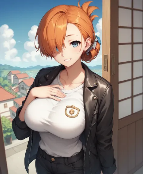 (masterpiece, best quality:1.2), 1girl, kanami, female, large breasts, curvy, solo, orange hair, very short hair, pointy hair, asymmetrical bangs, hair over one eye, folded ponytail, anime coloring, highly detailed, day, veranda, blue sky, cloudy sky, faci...