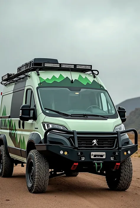 Green mountain decals on a Peugeot boxer lwb awd roof rack nudge bar with spotlights roof light bar 