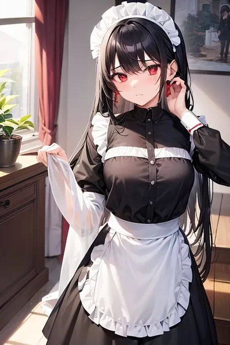 A 18 year old girl, long black hair, hot maid outfit, scared, standing, red