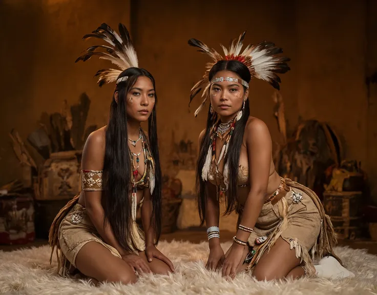 A professional photograph of two indigenous women kneeling on a soft fur-covered floor, dressed in traditional-inspired attire. They have long, straight black hair and wear intricately designed feathered headdresses, one with a mix of dark and light feathe...