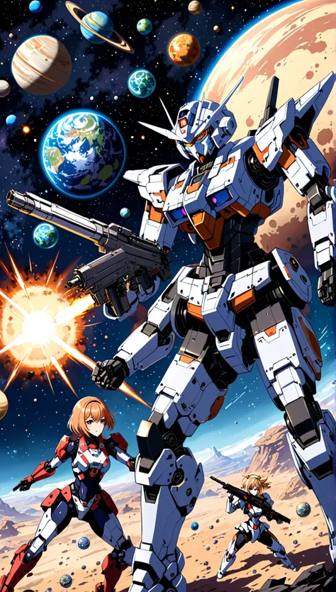 2 female mecha robot fighting (1 girl) with guns, combat pose. Background:space, planets