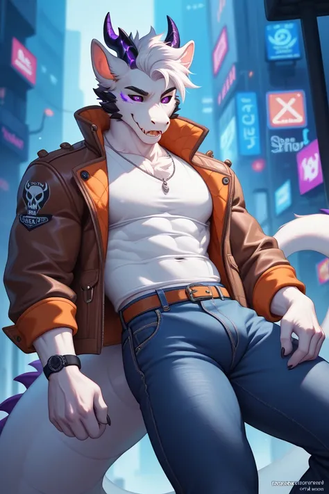 detailed, good anatomy, athletic body, male, skull dragon, purple eyes, black sclera, white body, fur, spiky white hair with lavender degrade, purplish brown jacket, white shirt, dark denim pants, long tail, futuristic city background, night ambient, night...