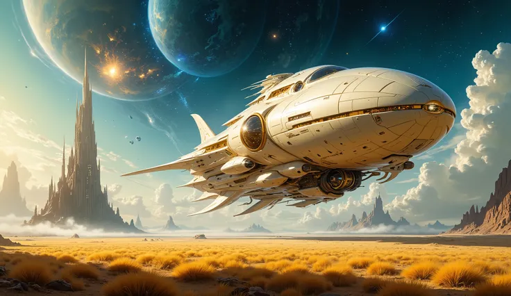 (((obra maestra))), the best quality,  illustration,  IvoryGoldai spaceship in space, Castle complex in the background ,   field, obra maestra,  8K quality