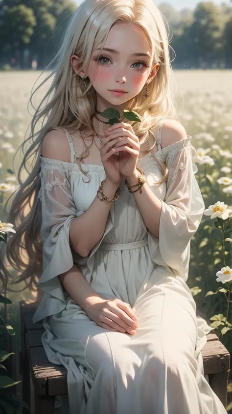 ( masterpiece,   rolled up ),1 girl with long white hair sitting in a field with green plants and flowers, her hand under her chin,   warm lighting,  white dress,  blurred foreground