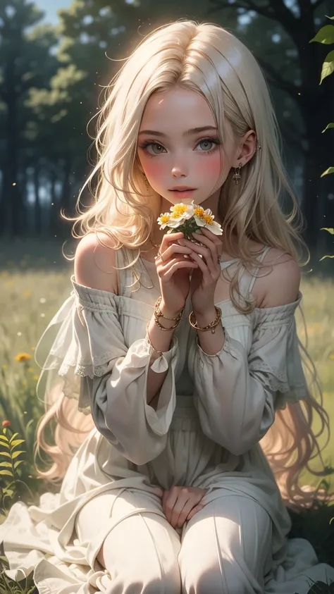 ( masterpiece,   rolled up ),1 girl with long white hair sitting in a field with green plants and flowers, her hand under her chin,   warm lighting,  white dress,  blurred foreground