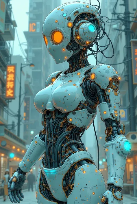   high-resolution 4K images  、  model, Sharp focus,  the details are depicted down to the smallest detail。夜の  Neon Light が輝く  steampunk 都市を舞台に、   its complex mechanical features stand out   、 of a beautiful mechanical female roid knight robot 。。 I have a  ...