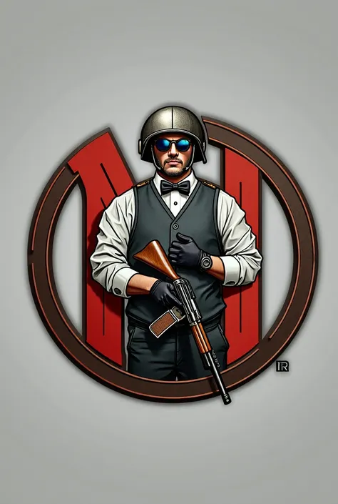 At the center of a three-dimensional circle is a professional letter N, with a man wearing a bow tie and a sophisticated war helmet, wearing two gloves, bringing his hands to his chest and carrying a gun..