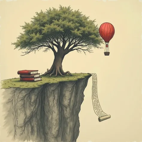 Draw a cliff and draw a majestic plane tree at the tip of the cliff. Let there be books under the plane tree. Tie a red flying balloon to a branch of the plane tree. Also draw a branch at the bottom of the cliff and a written scroll extending down from tha...