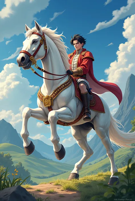 A male anime riding a white horse